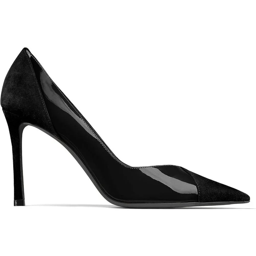 Women's Black Pointed Toe High Heels Pumps Patent Suede Stiletto Heel Slip on